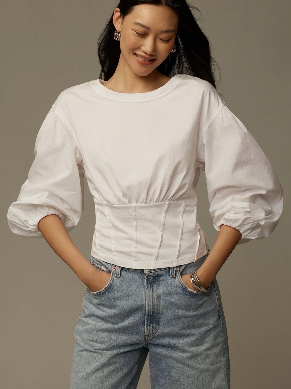 Anthropologie Balloon Sleeve White Corset-Detail Top